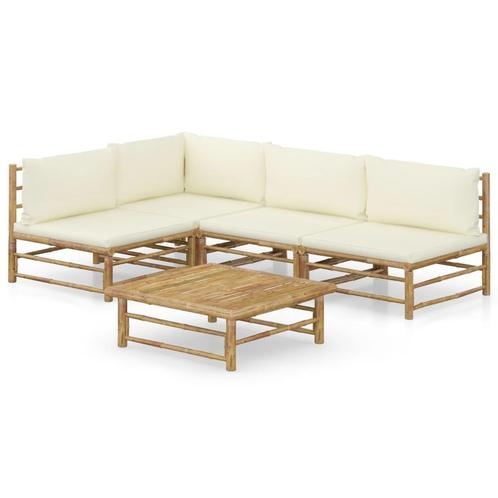 vidaXL 5-delige Loungeset met crèmewitte kussens bamboe, Tuin en Terras, Tuinsets en Loungesets, Loungeset, Nieuw, Hout, Verzenden