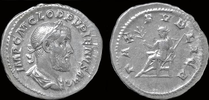 238ad Roman Pupienus Ar denarius Pax seated left zilver, Postzegels en Munten, Munten | Europa | Niet-Euromunten, Verzenden