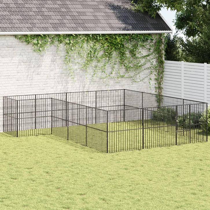 vidaXL Hondenkennel 16 panelen gepoedercoat staal zwart, Dieren en Toebehoren, Hondenhokken, Nieuw, Verzenden