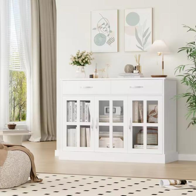 Wit Keukendressoir 3 Laden 3 Glazen Deuren Dressoir 120×84×4, Huis en Inrichting, Kasten | Buffetkasten, Nieuw, Verzenden