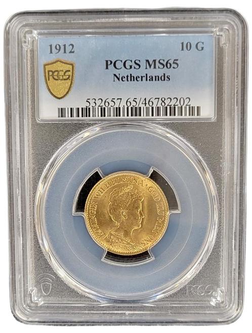 Gouden Wilhelmina 10 gulden 1912 MS65 gecertificeerd PCGS, Postzegels en Munten, Munten | Nederland, Losse munt, Goud, Verzenden