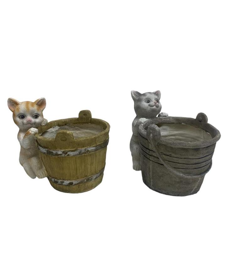 Bloempot Kat 19 x 18 cm - Beige/Grijs, Tuin en Terras, Bloempotten, Ophalen of Verzenden