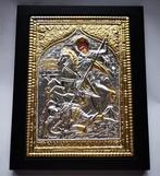 Icoon - Griekse icoon van Sint-Dimitrius, metalen beslag. -