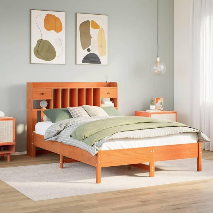 vidaXL Bed met boekenkast zonder matras grenenhout wasbruin, Huis en Inrichting, Slaapkamer | Bedden, 160 cm, 200 cm, Bruin, Tweepersoons