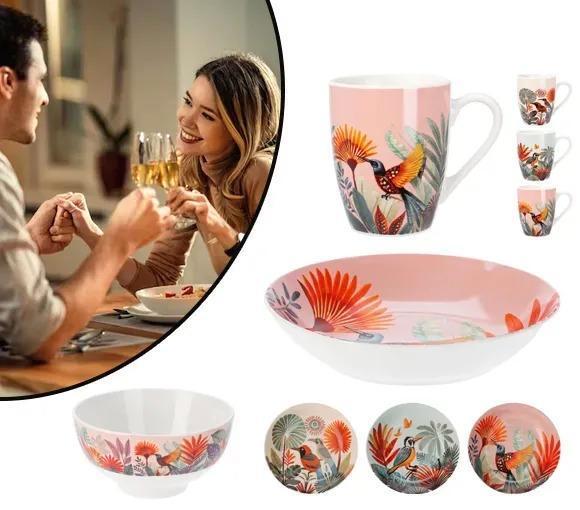 6-Delige Porselein Set met Kleurrijk Dessin van een Kolibrie, Huis en Inrichting, Keuken | Servies, Nieuw, Verzenden