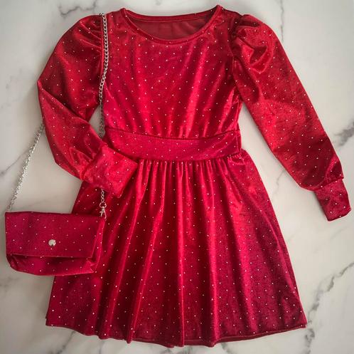 Meisjes glitter jurk velours met steentjes Rood, Kinderen en Baby's, Kinderkleding | Kinder-kledingpakketten, Overige maten, Nieuw