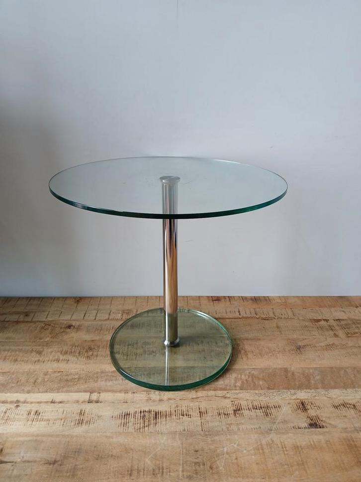 Bijzet / salontafel, glas / chroom, Dia. x H 35/55 x 50 cm, Diversen, Overige Diversen, Ophalen