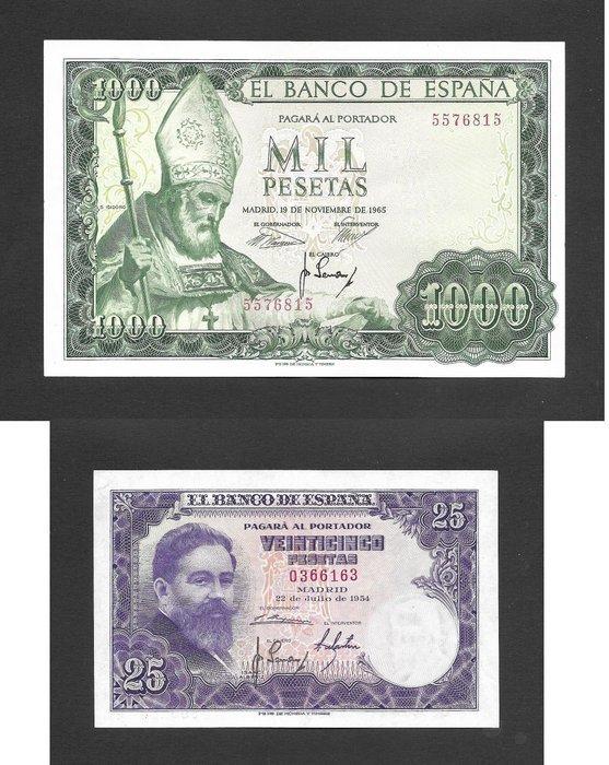 Spanje. - 25 and 1000 pesetas - various dates - both Sin, Postzegels en Munten, Bankbiljetten | Europa | Niet-Eurobiljetten