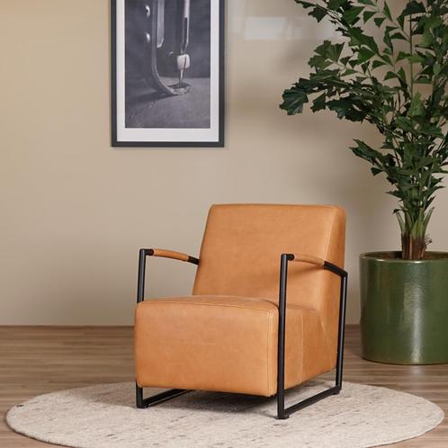 Leren industriële fauteuil - Rancho Leer Cognac - Frame zwar, Huis en Inrichting, Fauteuils, 50 tot 75 cm, 75 tot 100 cm, Nieuw