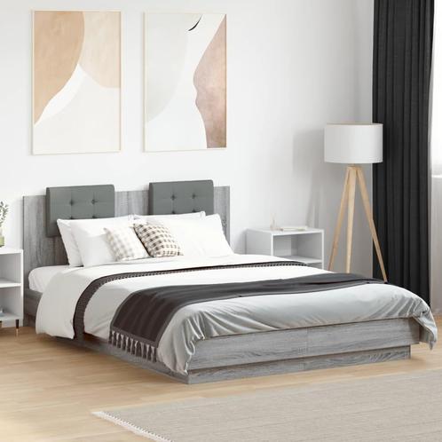 vidaXL Bedframe met hoofdbord en LED grijs sonoma eiken, Huis en Inrichting, Slaapkamer | Bedden, 120 cm, 200 cm, Grijs, Twijfelaar