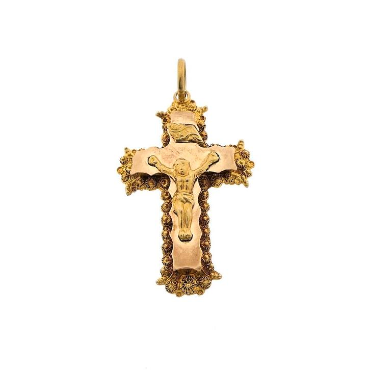 Gouden antieke hanger van een kruis met corpus | INRI, Sieraden, Tassen en Uiterlijk, Bedels, Gebruikt, Overige merken, Goud, Ophalen of Verzenden