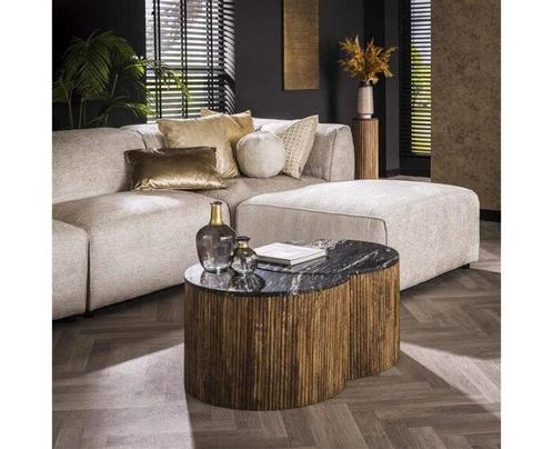 Salontafel Luna Set van 2 mangohout - zwart marmer, Huis en Inrichting, Tafels | Salontafels, Nieuw, Ophalen of Verzenden