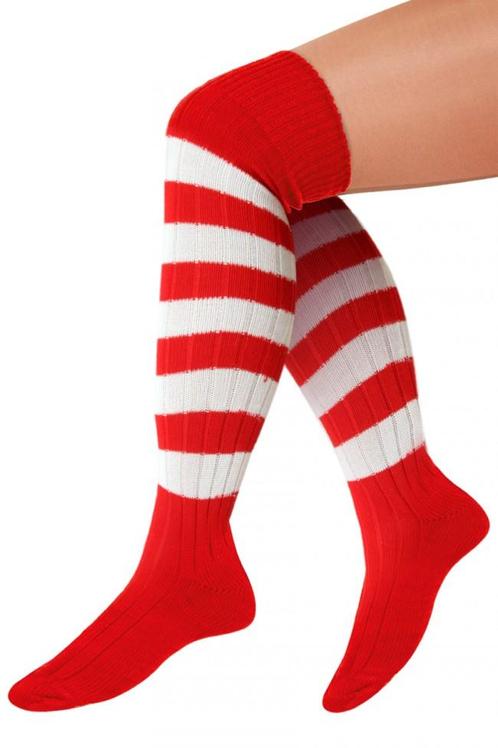 Gebreide Lange Sokken Rood Wit Gestreept 39-46 Gebreid Carna, Kleding | Heren, Carnavalskleding en Feestkleding, Nieuw, Overige maten