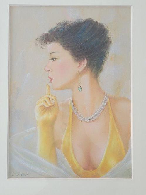 Vladimir Petrov (1945) - Élégante en Jaune - Style Paris, Antiek en Kunst, Kunst | Schilderijen | Klassiek