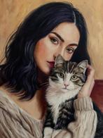 Naghme Hesari - A Girl with Her Cat, Antiek en Kunst, Kunst | Schilderijen | Modern