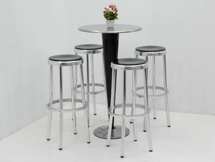 Bartafelset - statafel h105cm, trompetvoet zwart + 4 metalen, Huis en Inrichting, Tafels | Eettafels, Gebruikt, Ophalen of Verzenden