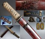 Katana - Hout - koshirae wakizashi red bush clover saya pine, Antiek en Kunst