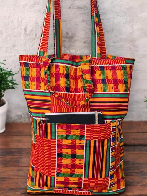 Shopper tas met Afrikaanse print - Oranje Groene Kente - Her, Hobby en Vrije tijd, Stoffen en Lappen, Nieuw, Ophalen of Verzenden