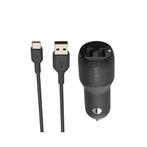 Belkin Dual USB-A Autolader 24W + 1m USB-C kabel zwart, Telecommunicatie, Autoladers, Ophalen of Verzenden, Nieuw