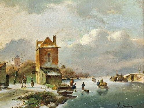 J v Santen - Winterlandschap met Personen op het Ijs, Antiek en Kunst, Kunst | Schilderijen | Klassiek