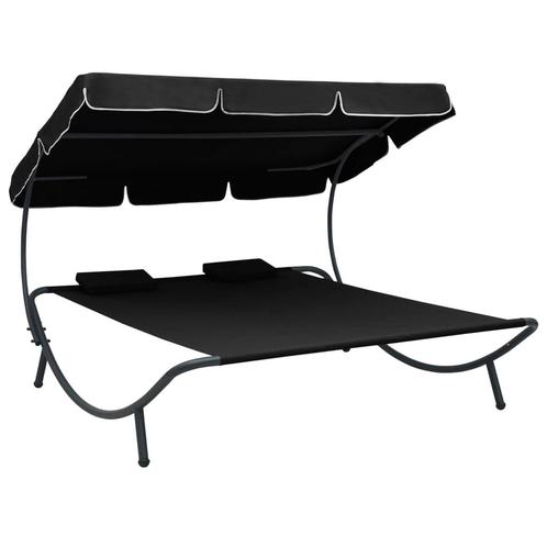 vidaXL Loungebed met luifel en kussens zwart, Tuin en Terras, Ligbedden, Nieuw, Verzenden