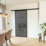 Stalen Schuifdeur met koofsysteem - 4 Vlaks - Rook glas, 75 tot 150 cm, Nieuw, 150 tot 225 cm, Metaal