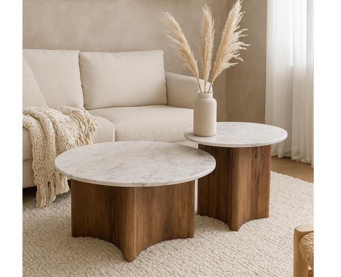 Salontafel Yara rond set van 2 marmer mangohout - Wit, Huis en Inrichting, Tafels | Salontafels, Nieuw, Ophalen of Verzenden