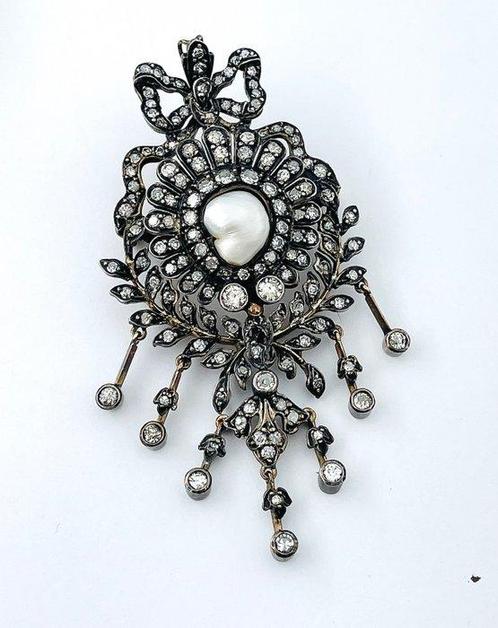 Broche - 18 karaat Geel goud, Zilver Diamant (Natuurlijk), Sieraden, Tassen en Uiterlijk, Antieke sieraden