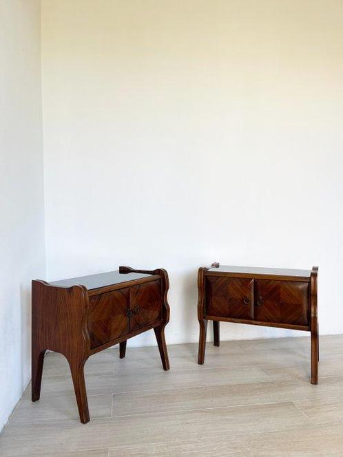 Nachtkastje - Glas, Messing, Palissander - Een paar, Antiek en Kunst, Kunst | Designobjecten