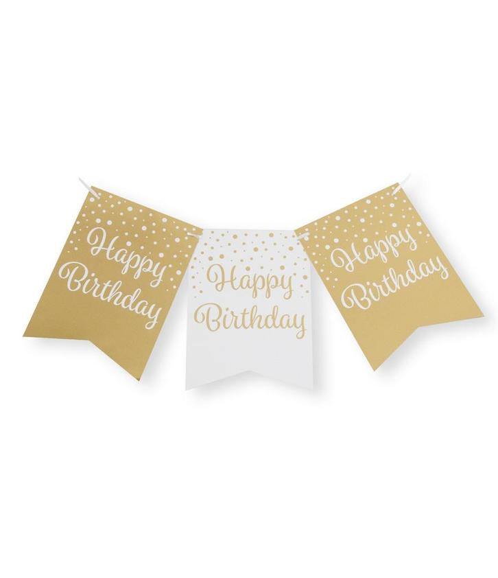 Banner Happy Birthday Goud Wit 6m, Hobby en Vrije tijd, Feestartikelen, Nieuw, Verzenden