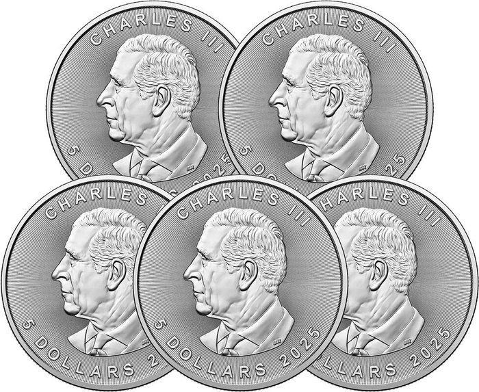 5 Troy Ounce - Zilver .999 - Maple Leaf 2025 - 155,5 gram -, Postzegels en Munten, Edelmetalen en Baren