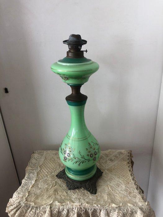 Olielamp - Olie lamp in handgeschilderd groene Opalina, met, Antiek en Kunst, Curiosa en Brocante