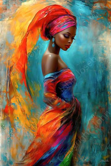 John Joseb glasschilderij vrouw met kleurrijke jurk abstract beschikbaar voor biedingen