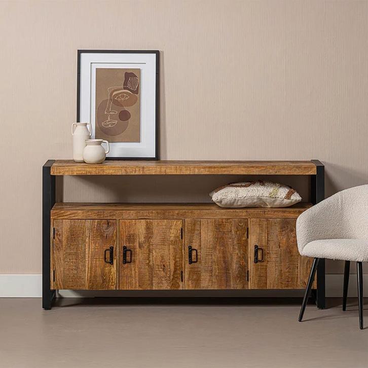 Dressoir Mangohout Britt 180 Met 4 Deuren, Huis en Inrichting, Kasten | Dressoirs, 150 tot 200 cm, 25 tot 50 cm, Nieuw, Overige houtsoorten