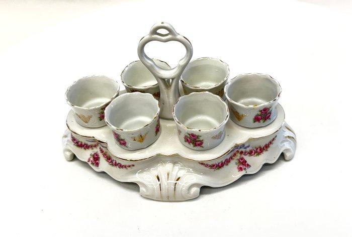 orseleinen eierdophouder met zes eierdopjes – bloemendecor, Antiek en Kunst, Antiek | Glas en Kristal