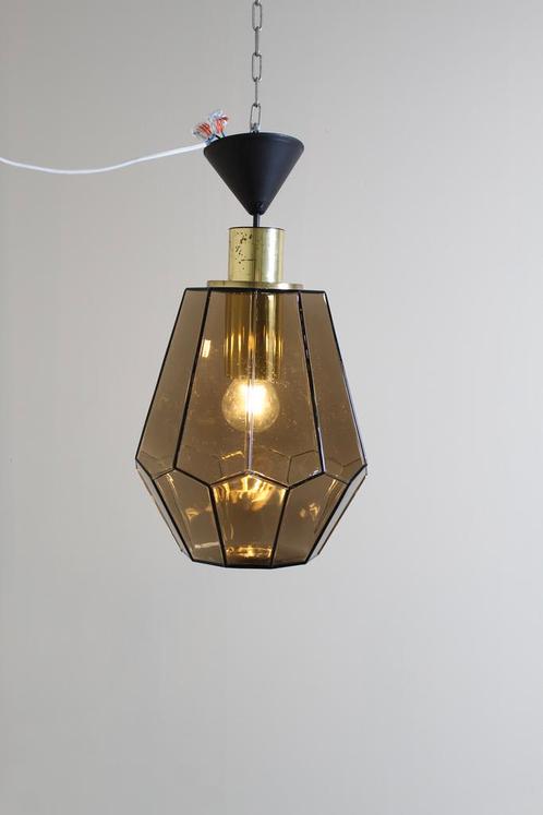 Vintage rookglas hanglamp, plafondlamp Glashutte Limburg, Huis en Inrichting, Lampen | Hanglampen, Gebruikt, Glas, Metaal, Minder dan 50 cm