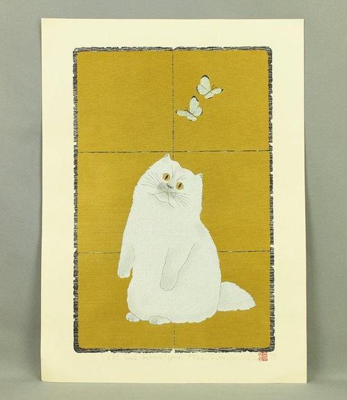 Original woodblock print - Cat and Butterfly (W) 27/120 -, Antiek en Kunst, Antiek | Overige Antiek