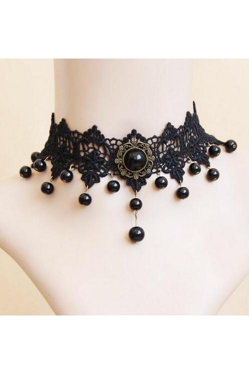 Choker Zwart Kant met Kraaltjes en Kettinkjes 2 Kanten Zwart, Sieraden, Tassen en Uiterlijk, Kettingen, Zwart, Nieuw, Verstelbaar