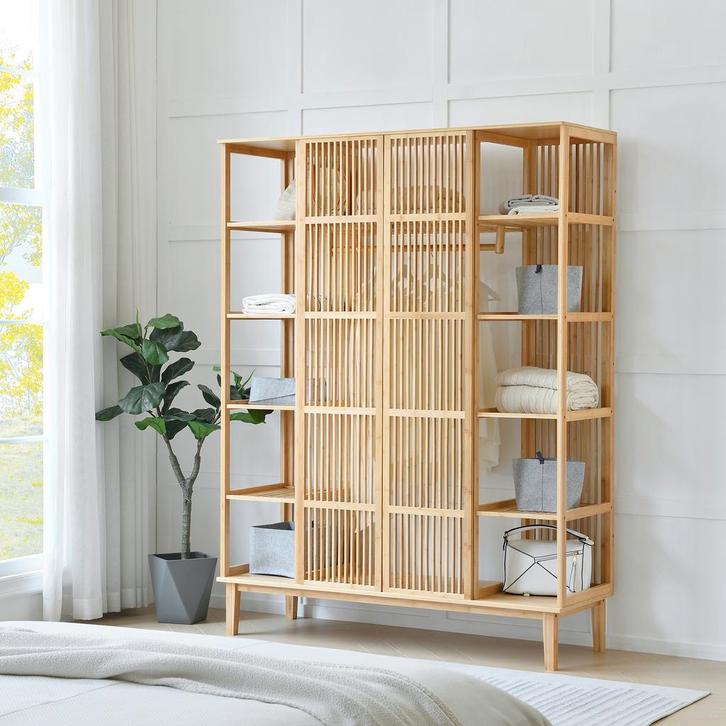 [en.casa] Kledingkast Hudiksvall bamboe 185x140x45 cm open k, Huis en Inrichting, Kasten | Kledingkasten, Verzenden