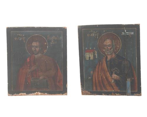 Twee iconen op hout geschilderd, Griekenland, 19e/20e eeuw, Antiek en Kunst, Curiosa en Brocante