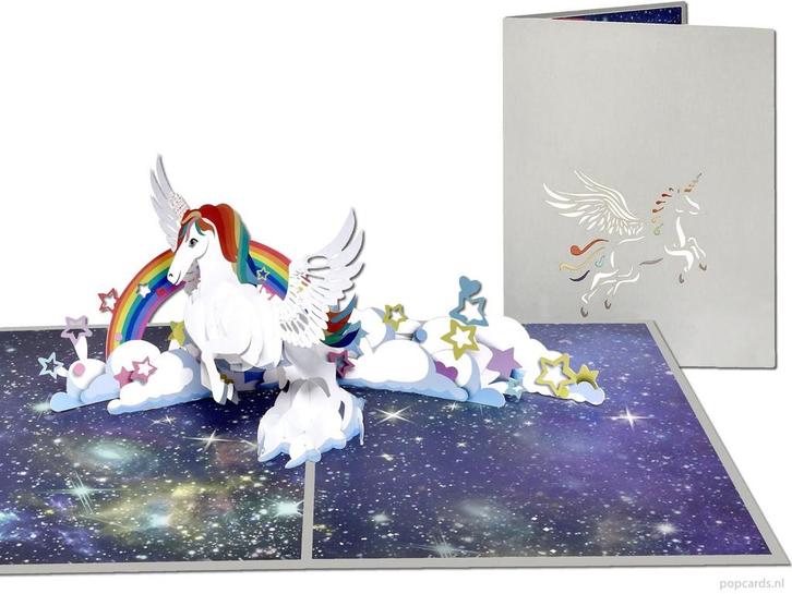 Grote pop-up kaart Unicorn | Fraaie Eenhoorn met regenboo..., Diversen, Wenskaarten, Verzenden