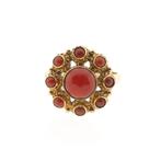 Gouden entourage ring met bloedkoraal | Vintage, Sieraden, Tassen en Uiterlijk, Ringen, Gebruikt, Overige kleuren, Ophalen of Verzenden