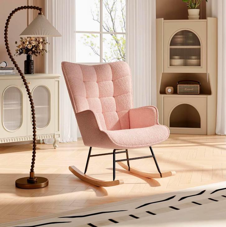 Nieuw Luxe Roze Fluwelen Schommelstoel – Stijlvolle Fauteuil, Huis en Inrichting, Stoelen, Eén, Overige kleuren, Nieuw, Hout, Stof
