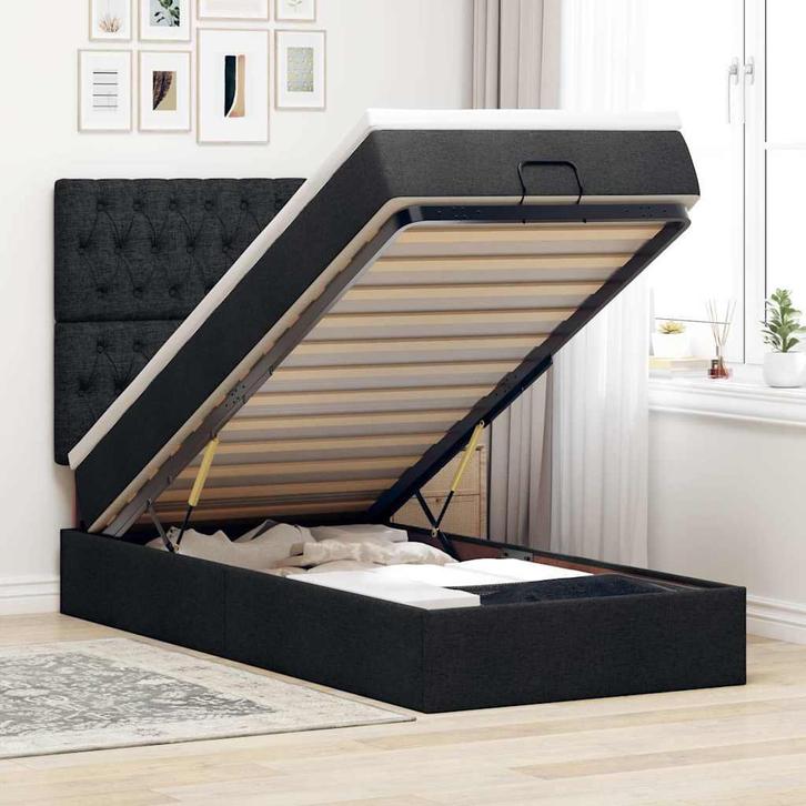 vidaXL Ottoman bed met matras en LEDs 90x190cm stof zwart, Huis en Inrichting, Slaapkamer | Bedden, 90 cm, 190 cm of minder, Zwart