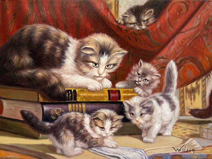 N. Wilson (XX-XXI) - Famille de Chats à la Bibliothèque, Antiek en Kunst, Kunst | Schilderijen | Klassiek