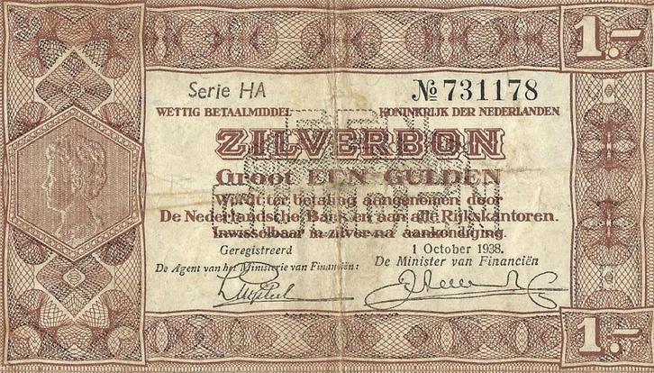 Bankbiljet 1 gulden 1938 Zilverbon Zeer Fraai, Postzegels en Munten, Bankbiljetten | Nederland, Verzenden