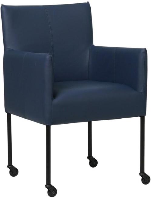 Blauwe leren moderne kuipstoel - poot rond zwart met wiel -, Huis en Inrichting, Stoelen, Eén, Overige kleuren, Nieuw, Leer, Ophalen of Verzenden