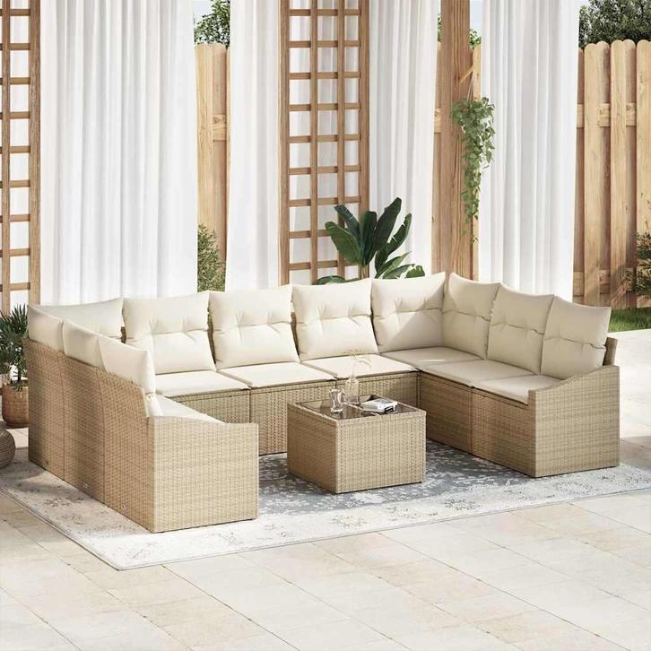 vidaXL Tuin Eetset met kussen met opslag 10 pcs Beige en, Tuin en Terras, Tuinsets en Loungesets, Nieuw, Rotan, Verzenden