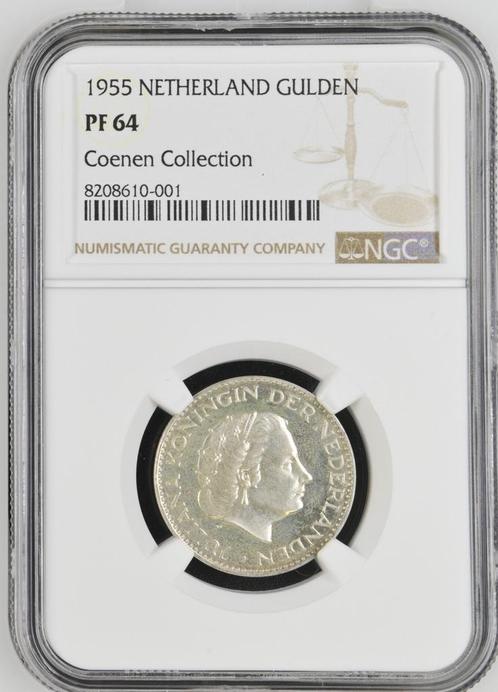 Koningin Juliana zilveren 1 gulden 1955 proof PF64 NGC, Postzegels en Munten, Munten | Nederland, Losse munt, 1 gulden, Koningin Juliana