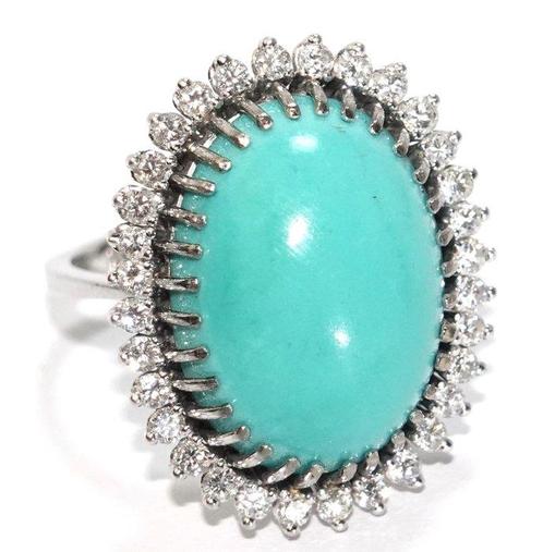 Ring - 18 karaat Witgoud - 11.47ct. tw. Turquoise - Diamant, Sieraden, Tassen en Uiterlijk, Ringen